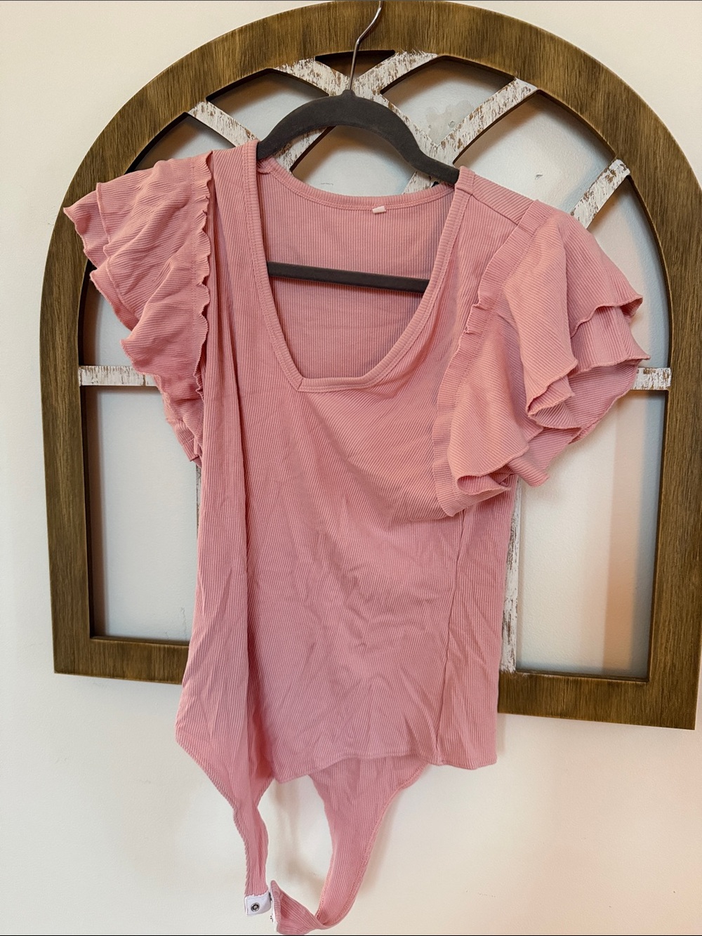 Amazon Pink Ruffle Sleeve Scoop Neck Bodysuit